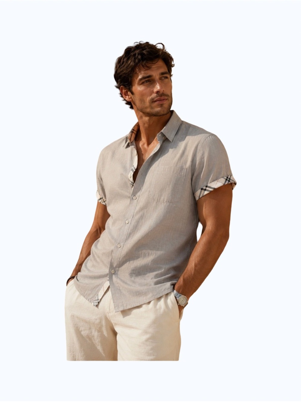 Men's Casual Cotton/Linen Short Sleeve Button-Down Shirt in Light Gray 3XL